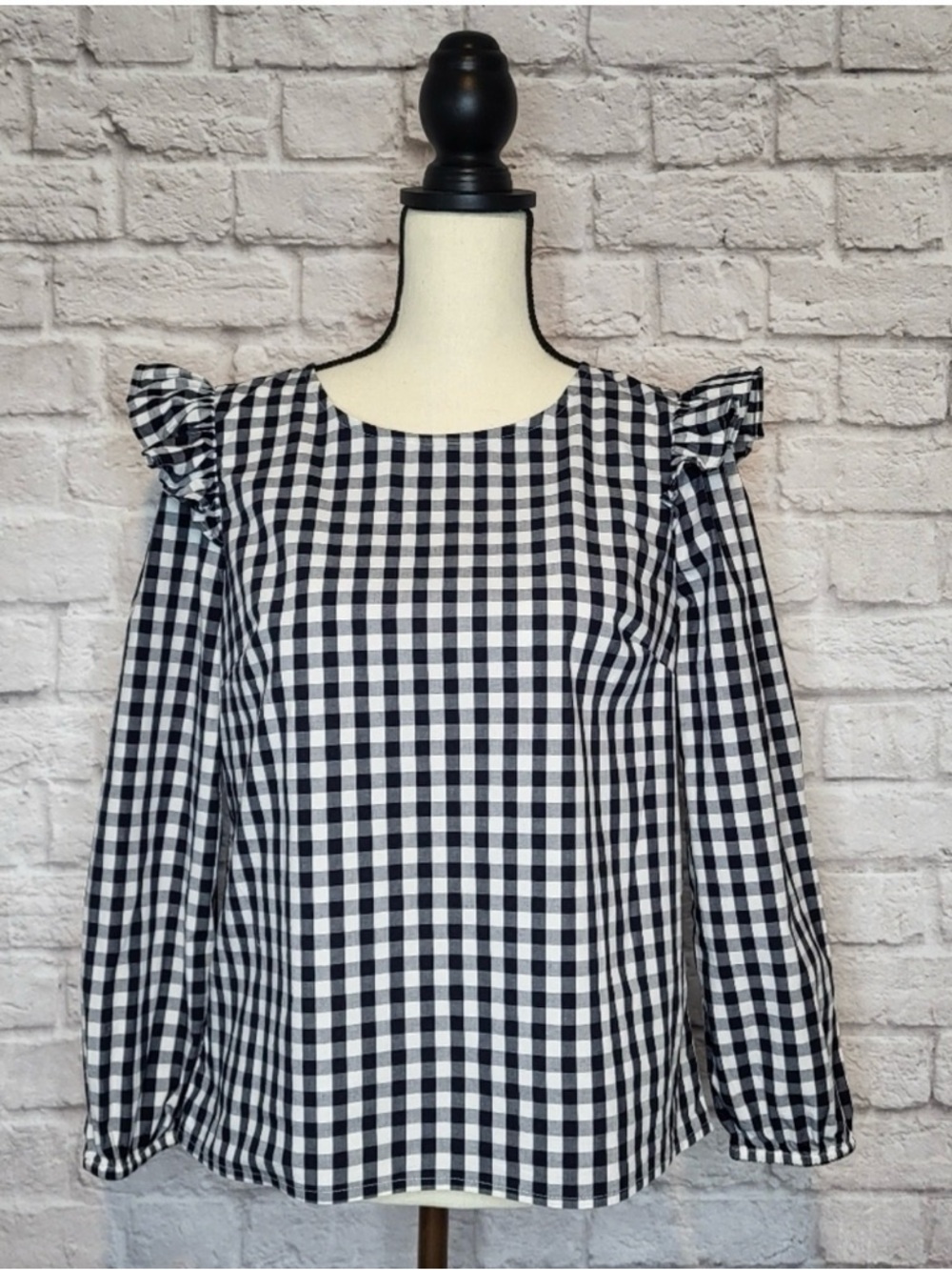 J Crew Top Blue White Plaid Long Sleeve Ruffle Shoulder Keyhole Back* Size L